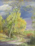 Poplars against stormy sky 1989 by Timothy Easton, oil on canvas, sold Apr 2023