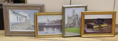 Ubeda, Andalusia, French church, Harbour scene and Still life, all signed, largest 25 x 32cm by Neil Tyler, oil, sold Apr 2023