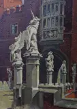 Gateway with heraldic statues by E.G. Turner, 1952, oil on board, sold Apr 2023
