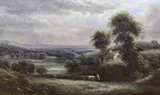 Cattle drover in a landscape by E. Thomas, oil on canvas, sold Apr 2023