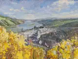 Vineyards, The Rhine, near Bacharach by Tessa Spencer Pryse, oil on board, sold Apr 2023