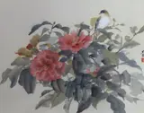 Bird and camellia, 1963 Leicester Galleries Exhibition label verso, 32 x 40cm by Fei Chengwu, watercolour, offered Apr 2023