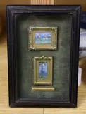 Blossom trees and cottages, and Pine trees under moonlight, 2.25 x 3cm and 3.5 x 1.5cm, in gilt gesso frames with outer glazed ebonised frame by Elisabeth Annie McGillivray Knowles, watercolor, sold Apr 2023