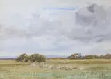 Shepherd and flock in a landscape by Claude Hayes, watercolour, sold Apr 2023