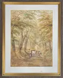 A country scene depicting cattle walking a woodland pathway with a by Henry Earp Senior, watercolour, sold Aug 2023