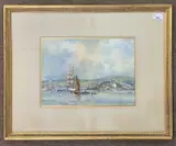Cornish coastal scene depicting tall rigged ships and tugboat by B. F. Gribble, watercolour, sold Aug 2023