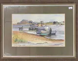 Moored boats on a coastline by Irene Ogden, watercolour, sold Aug 2023