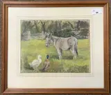 A scene depicting a donkey and ducks by Nancy Copper, pastel, sold Aug 2023