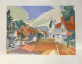 Village street scene by David Eddington, lithograph, sold Aug 2023