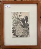 Herons woodcut lithograph,1942, 5x7ins framed and glazed by Charles Frederick Tunnicliffe, woodcut, sold Aug 2023