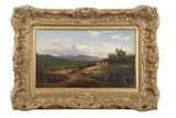 Moorland scene with a figure walking a pathway towards a thatched building by John Davison Liddell, 1892, oil on canvas, sold Jul 2023