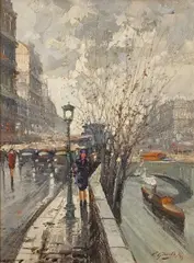 Le Pont Royal and Pavillion de Flore, Paris by Fausto Giusto, oil on board, sold Jul 2023