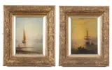 Seascapes with sailing vessels in moonlight, oils on board by William Adolphus Knell, oil, offered Jul 2023
