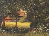 A countryside building with nearby wandering geese seen through by Miles Fairhurst, oil on board, offered Jul 2023
