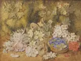 Still life of flowers and eggs in baskets by Eloise Harriet Stannard, watercolour, sold Jul 2023
