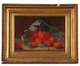 Still life of strawberries and cabbage leaves by Eloise Harriet Stannard, 1893, oil on canvas, sold Jul 2023
