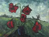 Poppies in a Landscape with Windmill by Leslie Marr, oil on canvas, sold Jul 2023