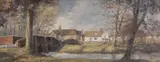 Village view across a bridge and river by Cavendish Morton, oil on board, sold Jul 2023