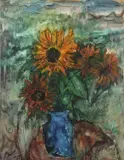 Sunflowers in a Landscape by Leslie Marr, oil on canvas, offered Jul 2023