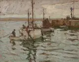 Fishing boats at St.Ives by John Park, oil on board, sold Jul 2023