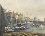 Whitby Harbour Low Tide by Jack Rigg, 1973, oil on canvas, sold Jul 2023