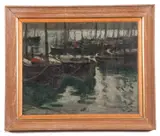 Moored Vessels by Hayley Lever, oil on board, sold Jul 2023