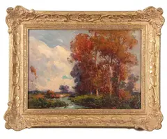 Autumnal landscape by John Alfred Arnesby Brown, oil on board, sold Jul 2023