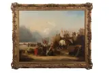 Harbour scene (possibly Yarmouth) with fisherfolk, horses and beached vessels by William Shayer, 1839, oil on canvas, offered Jul 2023