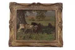 Cattle graze beneath the shade of a tree in a pastoral landscape by John Alfred Arnesby Brown, oil on canvas, sold Jul 2023