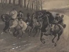 A highwayman pursues coach and horses by Alfred Munnings, watercolour, sold Jul 2023