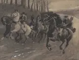 A highwayman pursues coach and horses by Alfred Munnings, watercolour, sold Jul 2023