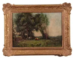 A pastoral landscape with grazing cattle by Alfred Arnesby Brown, oil on board, sold Jul 2023