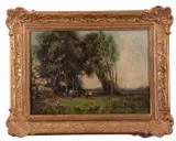 A pastoral landscape with grazing cattle by Alfred Arnesby Brown, oil on board, sold Jul 2023