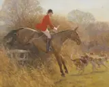 Huntsman on horseback with hounds by Frederick J Haycock, oil on canvas, sold Jul 2023