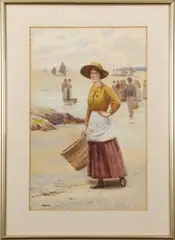 Fishergirl on the beach by Ralph Todd, watercolour, offered Jul 2023