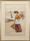 Fishergirl on the beach by Ralph Todd, watercolour, offered Jul 2023