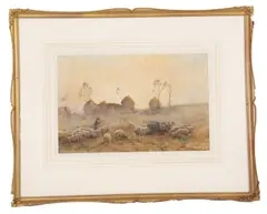 A shepherd attending to his flock by James Herbert Snell, watercolour, sold Jul 2023