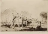 A riverside scene with a bridge and two by Leonard Russell Squirrell, etching, sold Jul 2023