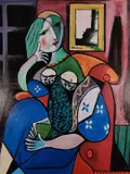 In the style of Pablo Picasso, Girl with a Book by Dennis Buswell, 2022, Acrylic on canvas, sold Jul 2023