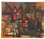Industrial harbour scene by Michel-Marie Poulain, oil on canvas, sold Jul 2023