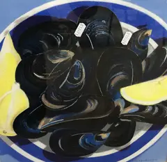 Still Life: mussels and sliced lemon on a blue platter by Danka Napiorkowska, pastel, sold Jul 2023