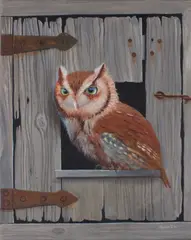 American Short Haired Owl trompe-l'oeil by Alan Weston, Oil on canvas, sold Jul 2023