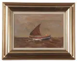 Boat on choppy waters by Jack Cox, mixed media, sold Jun 2023