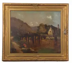 River cottage with two foreground fishermen and others on a bridge by John Crome, oil on board, sold Jun 2023