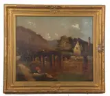 River cottage with two foreground fishermen and others on a bridge by John Crome, oil on board, sold Jun 2023