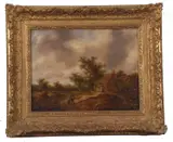 Landscape scene with a foreground figure walking with hound and others by a thatched building by James Stark, oil on board, sold Jun 2023