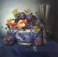Fruit in a Blue and White Bowl by Edna Bizon, oil on canvas, sold Jun 2023