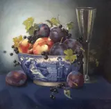 Fruit in a Blue and White Bowl by Edna Bizon, oil on canvas, sold Jun 2023