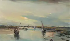 Fishing boats at low tide on the Blakeney coast by Jack Cox, oil on board, sold Jun 2023