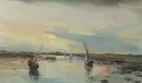 Fishing boats at low tide on the Blakeney coast by Jack Cox, oil on board, sold Jun 2023